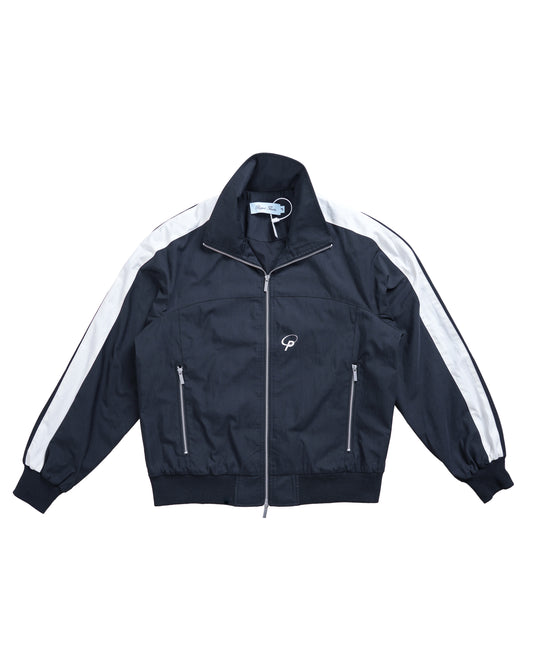 Flat lay front of the Sports Top — minimalist black track jacket in technical nylon with sleek white contrast stripes and a tall athletic collar.