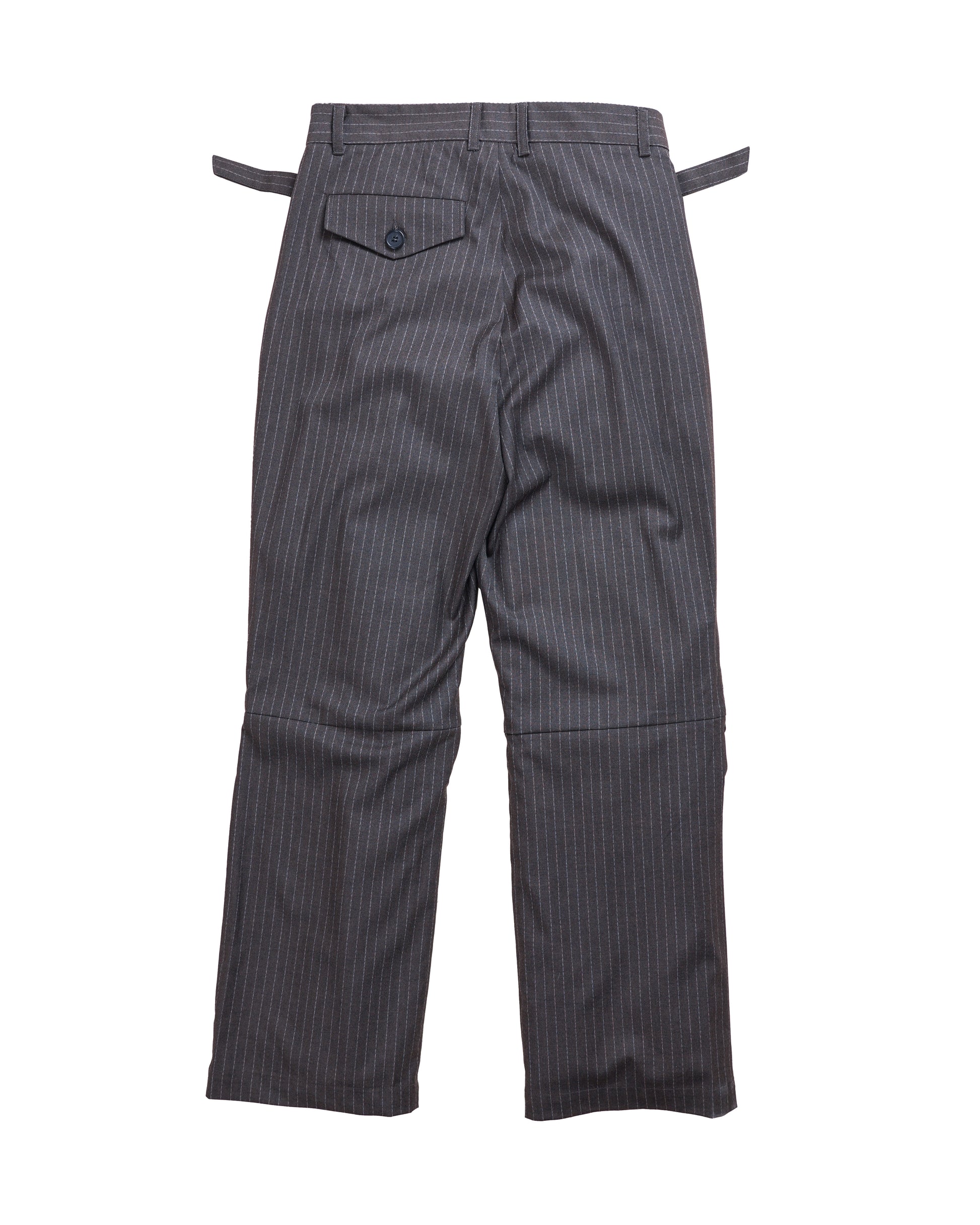 Flat lay of Puppet Theater Tucked Trouser in pinstripe wool, back view — tailored dress pant with unique volume at knee