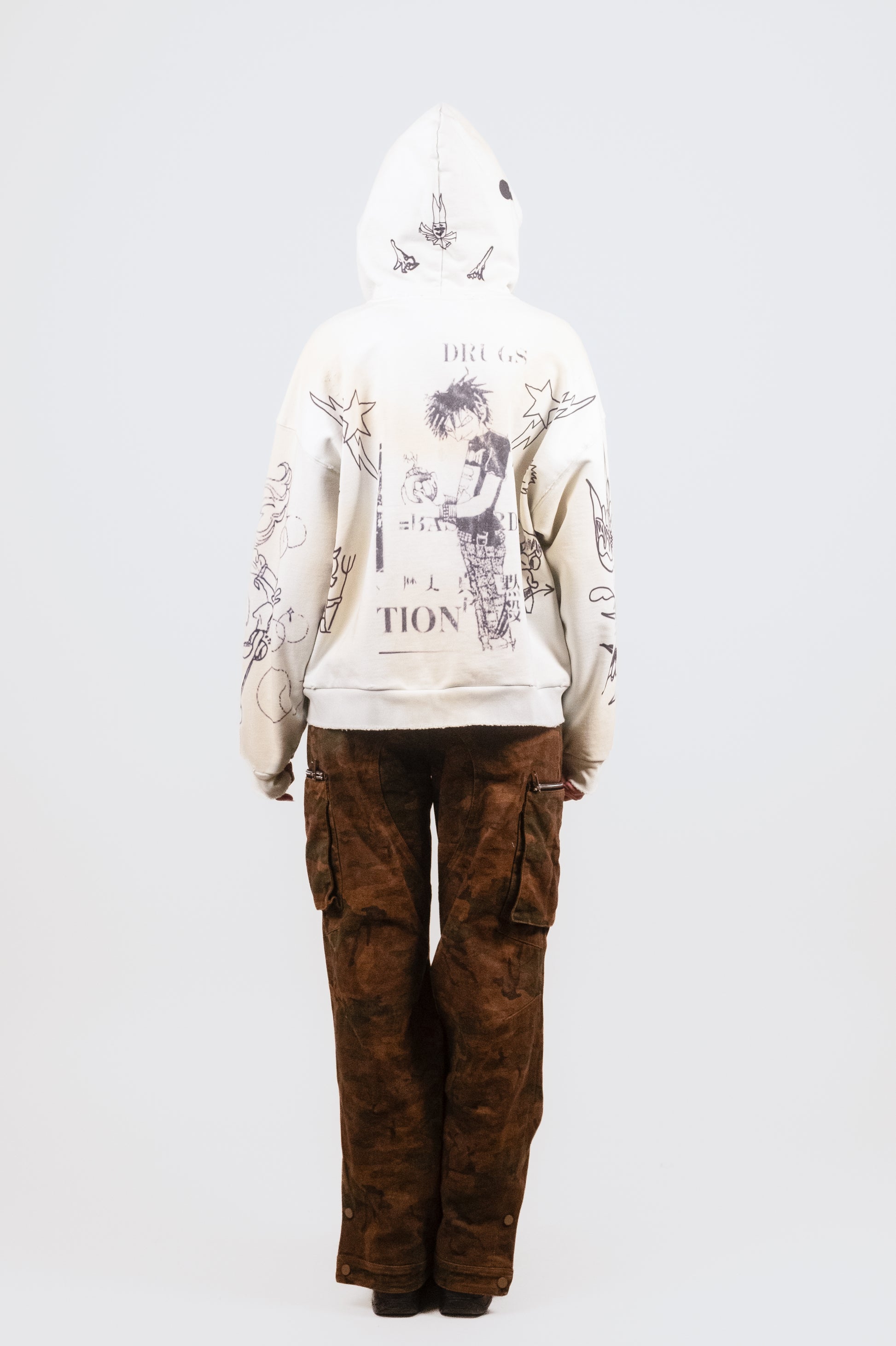 Back view of Anisa in the Second Skin Hoodie in Dove, showcasing the full digital print art treatment on a clean, luxury white hoodie silhouette.