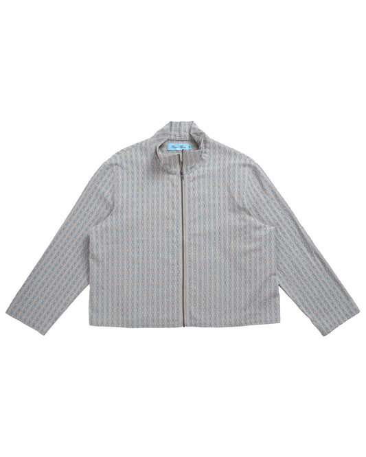 Flat lay front of Puppet Theater Smart Zip — cropped pastel blue and beige windowpane cotton zip jacket with straight collar and boxy silhouette