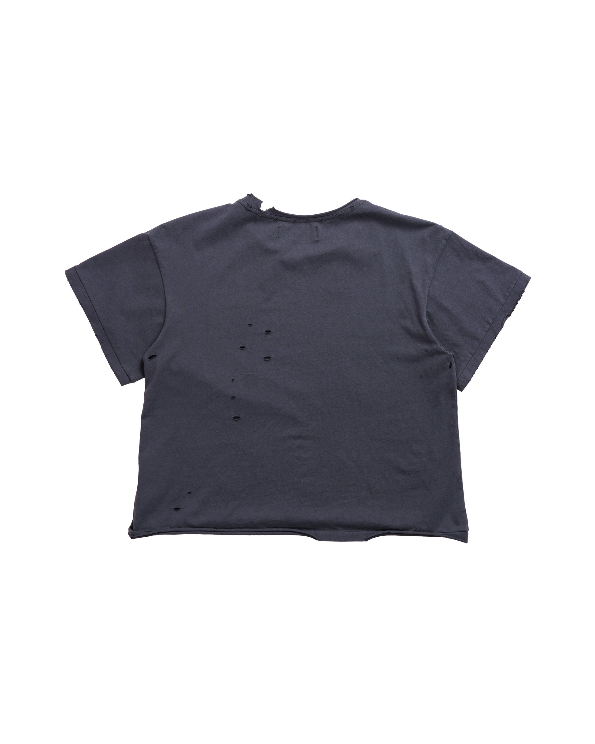 Back flat lay of the Puppets Punk Tee in washed black cotton. Cropped luxury streetwear fit with subtle distressing and boxy structure for a worn-in punk aesthetic.